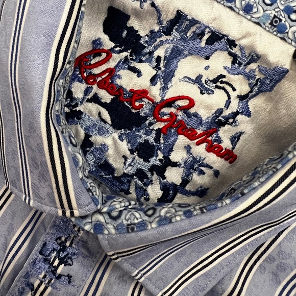 Like New [Robert Graham] Embroidered Blue Button Down Striped Shirt | Mens Large - Picture 3 of 16